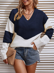 Color Block V-Neck Sweater Trendsi