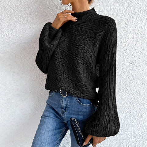 Cable-Knit Mock Neck  Long Sleeve Sweater Trendsi