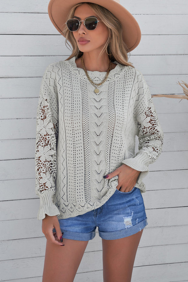 Openwork Lantern Sleeve Dropped Shoulder Sweater Trendsi