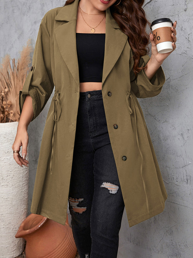 Plus Size Lapel Collar Drawstring Roll-Tab Sleeve Trench Coat Trendsi