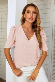 Swiss Dot V-Neck Puff Sleeve Blouse