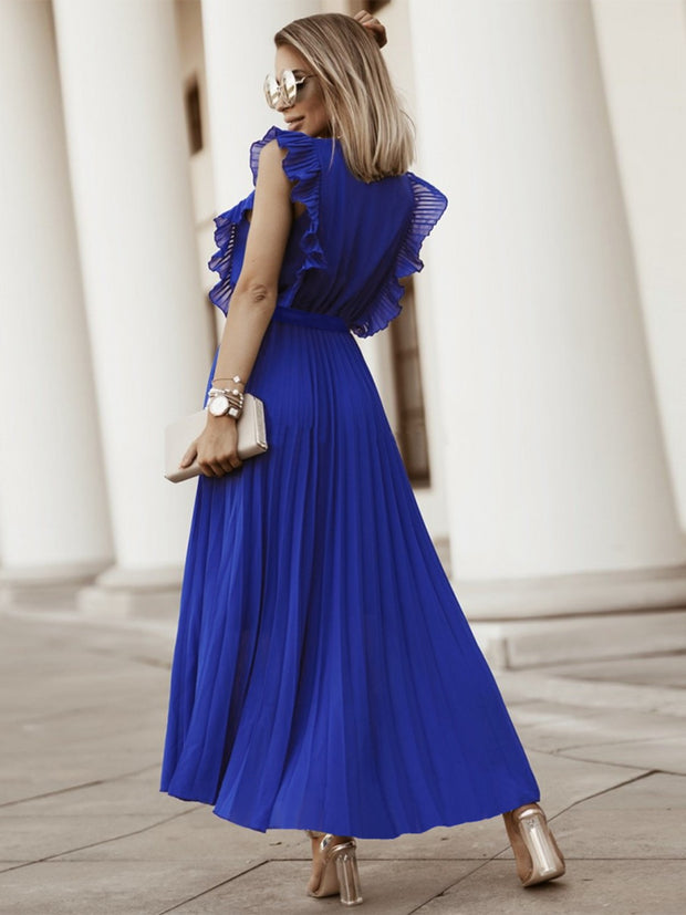 Tied Surplice Cap Sleeve Pleated Dress Trendsi