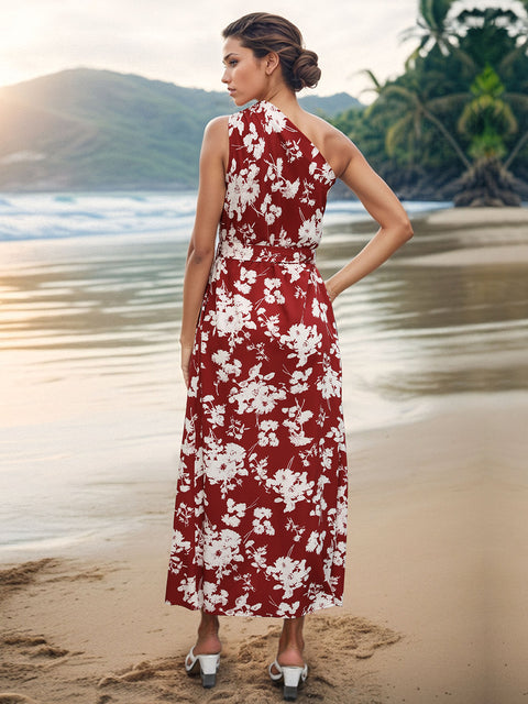 Printed Single Shoulder Sleeveless Dress Trendsi