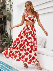 Floral Tie Shoulder Top and Tiered Maxi Skirt Set Trendsi