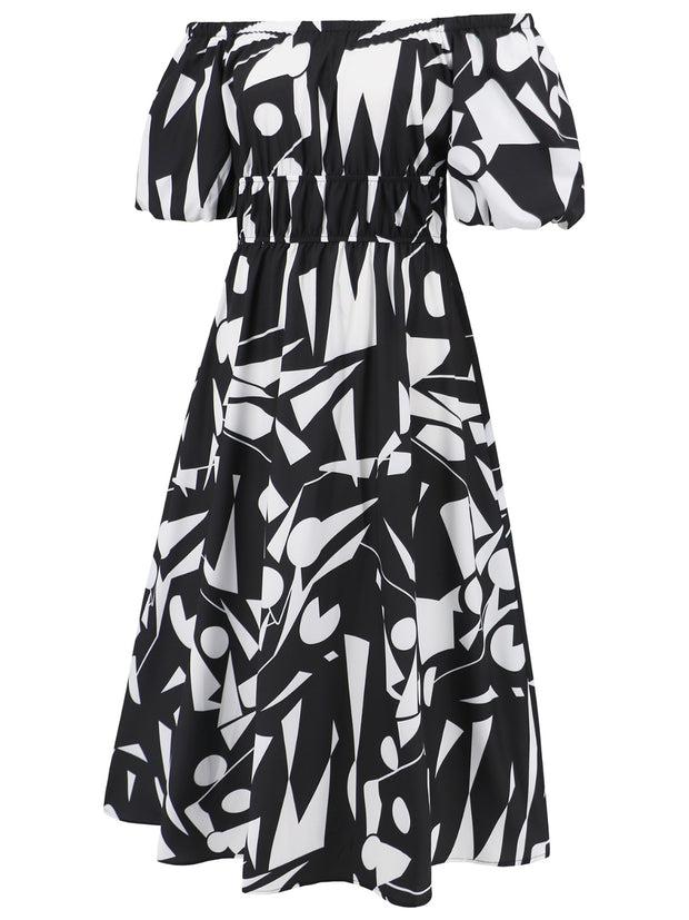 Printed Off-Shoulder Balloon Sleeve Dress Trendsi