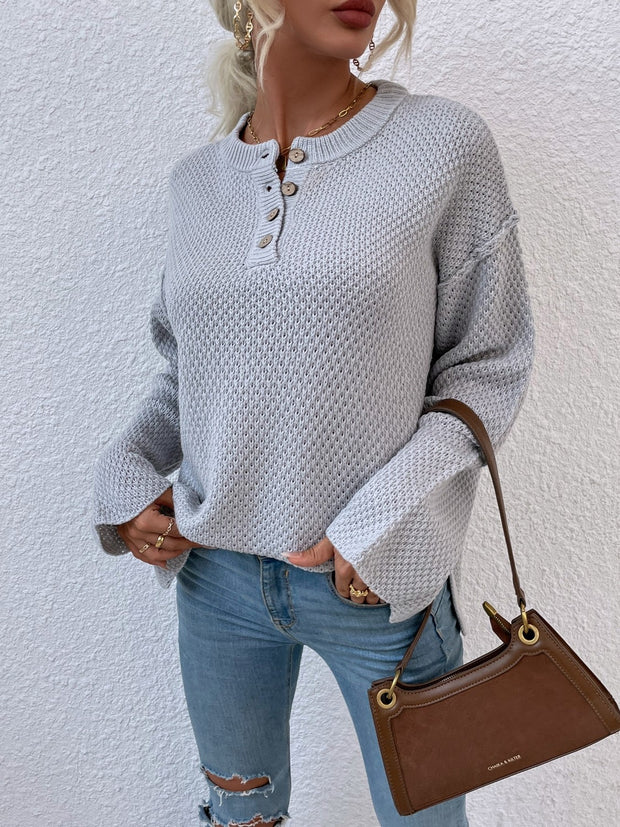 Quarter-Button Slit Sweater Trendsi