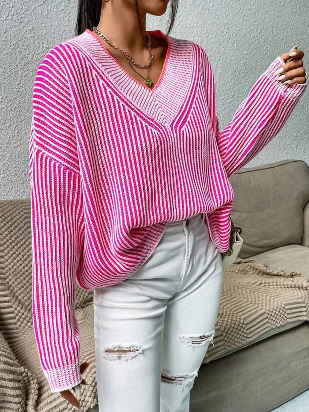 Striped V-Neck Long Sleeve Sweater Trendsi