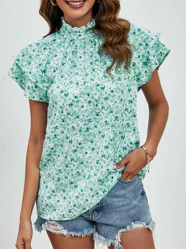 Ditsy Floral Mock Neck Flounce Sleeve Blouse Trendsi