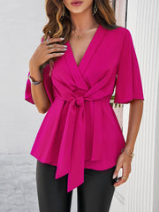 Surplice Tie Waist Half Sleeve Blouse Trendsi