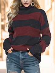 Striped Turtleneck Long Sleeve Sweater Trendsi