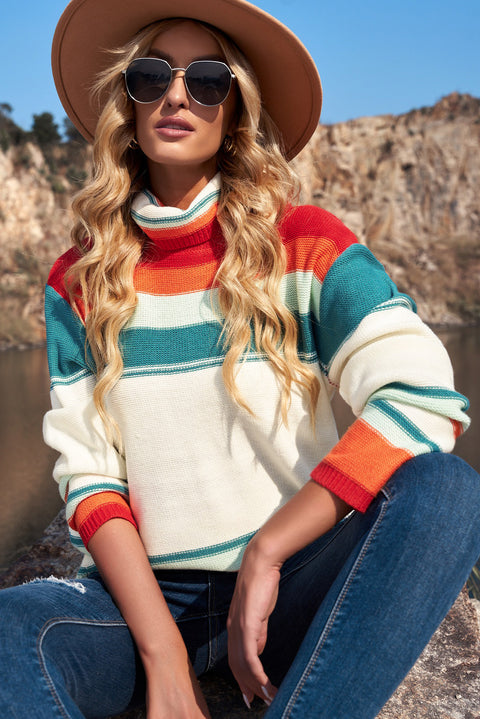 Woven Right Striped Turtleneck Drop Shoulder Sweater Trendsi