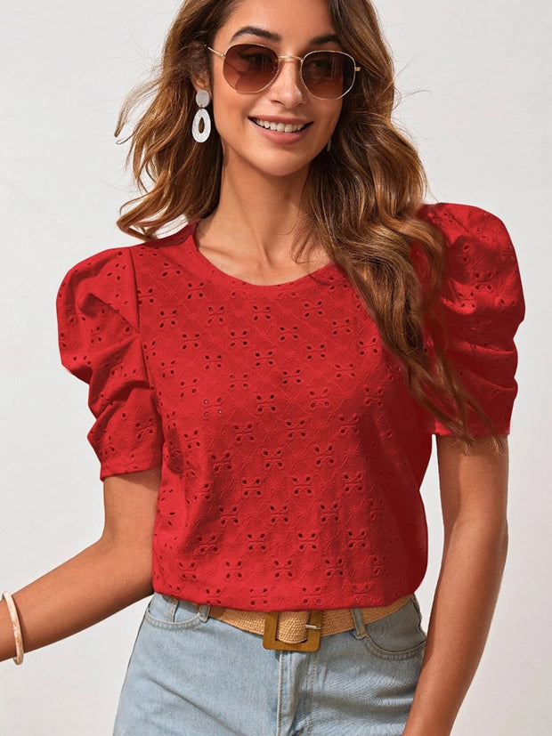 Eyelet Round Neck Puff Sleeve Blouse Trendsi