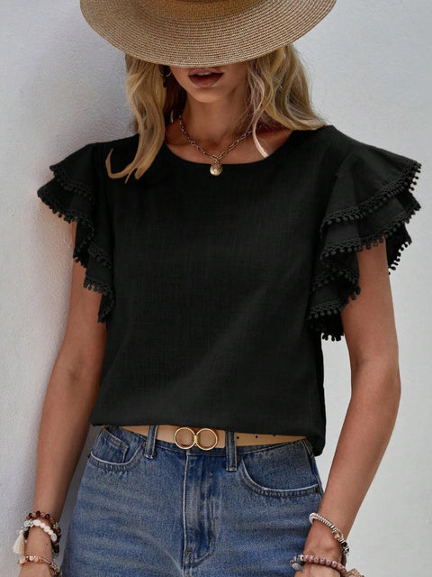 Ruffled Cap Sleeve Round Neck Blouse Trendsi