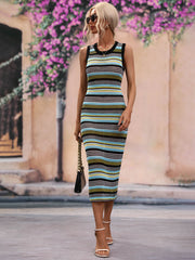 Striped Round Neck Sleeveless Midi Cover Up Dress Trendsi