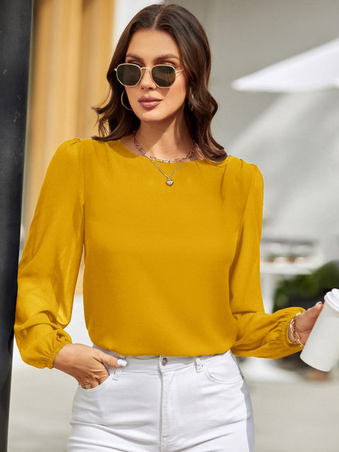 Round Neck Long Sleeve Blouse Trendsi