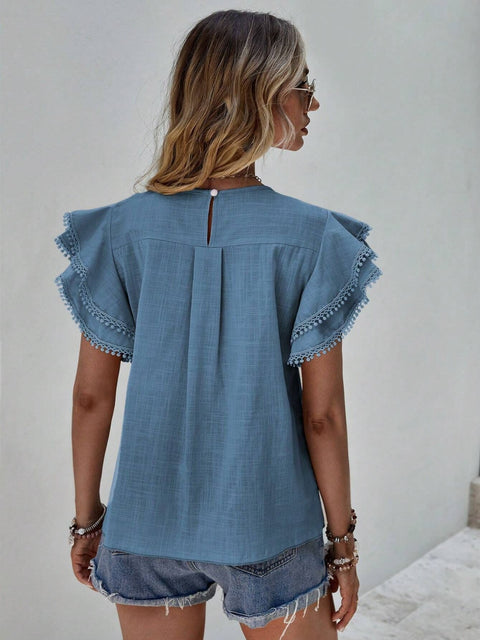 Ruffled Cap Sleeve Round Neck Blouse Trendsi