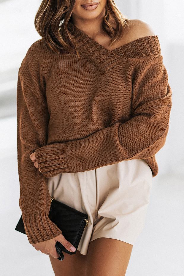 V-Neck Dropped Shoulder Sweater Trendsi