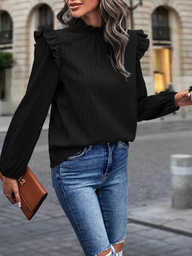 Mock Neck Ruffle Shoulder Blouse Trendsi