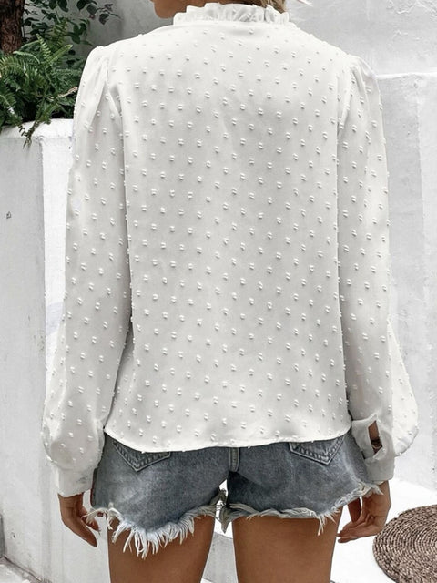 Swiss Dot Lace Detail Button Up Long Sleeve Shirt