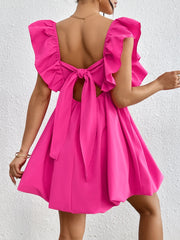 Ruffled V-Neck Cap Sleeve Mini Dress