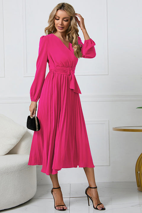 V-Neck Long Sleeve Tie Waist Midi Dress Trendsi