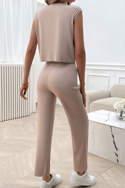 Ribbed Round Neck Top and Pants Set Trendsi