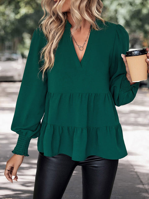 Notched Neck Lantern Sleeve Blouse Trendsi