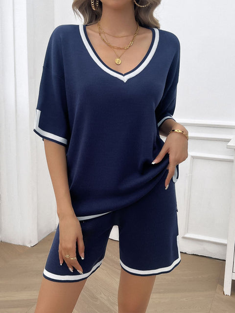 Contrast Trim V-Neck Top and Shorts Set Trendsi