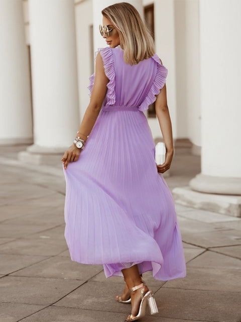 Tied Surplice Cap Sleeve Pleated Dress Trendsi