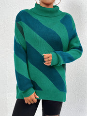 Striped Turtleneck Dropped Shoulder Sweater Trendsi