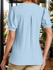 Eyelet Notched Short Sleeve Blouse Trendsi