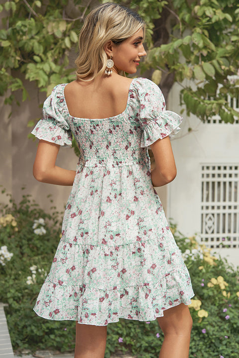 Smocked Printed Flounce Sleeve Mini Dress Trendsi