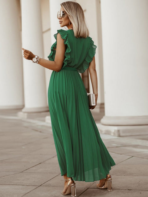 Tied Surplice Cap Sleeve Pleated Dress Trendsi