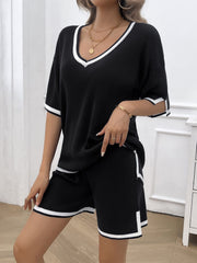 Contrast Trim V-Neck Top and Shorts Set Trendsi