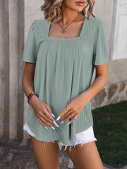 Ruched Square Neck Short Sleeve Blouse