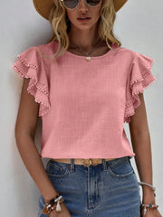 Ruffled Cap Sleeve Round Neck Blouse Trendsi