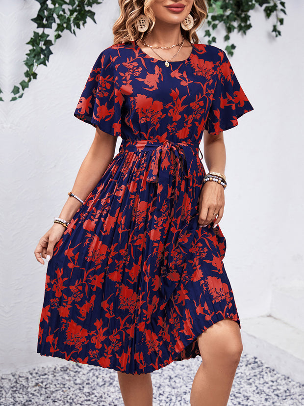 Printed Round Neck Short Sleeve Dress Trendsi