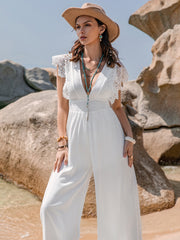 Lace Detail Plunge Cap Sleeve Jumpsuit Trendsi