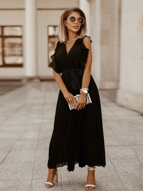 Tied Surplice Cap Sleeve Pleated Dress Trendsi