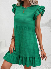 Ruffled Round Neck Cap Sleeve Mini Dress Trendsi