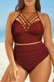 Full Size Halter Neck Crisscross Ruched Two-Piece Swimsuit Trendsi