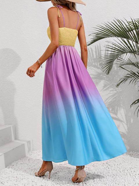 Color Block Tie Shoulder Smocked Maxi Dress Trendsi