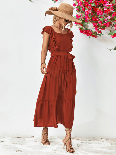 Tie Belt Ruffled Tiered Dress Trendsi