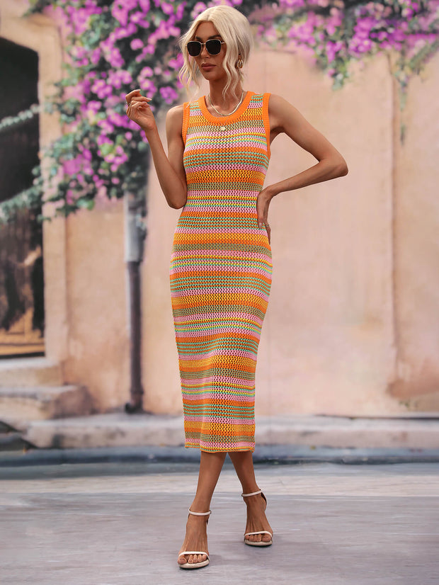 Striped Round Neck Sleeveless Midi Cover Up Dress Trendsi