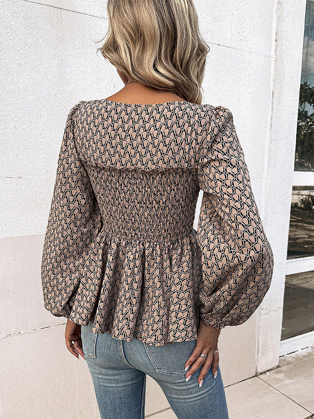 Printed Square Neck Long Sleeve Blouse Trendsi