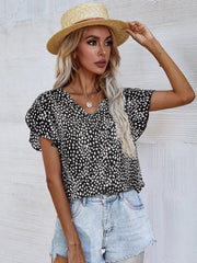 Printed V-Neck Petal Sleeve Blouse Trendsi