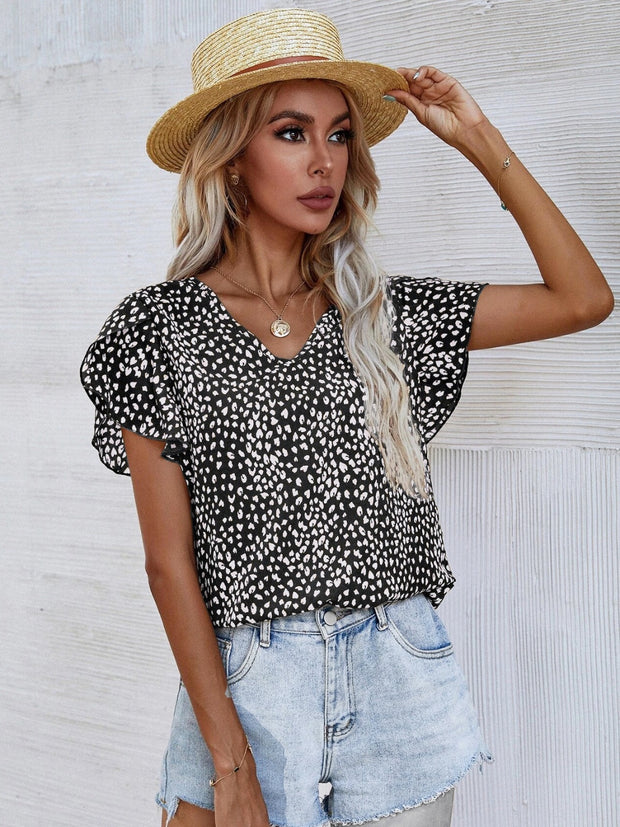 Printed V-Neck Petal Sleeve Blouse