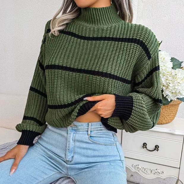 Striped Mock Neck Dropped Shoulder Sweater Trendsi