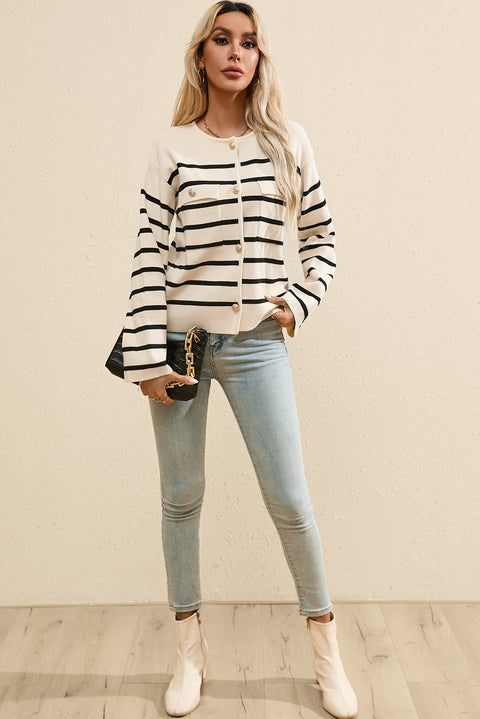 Striped Button Up Round Neck Cardigan Trendsi