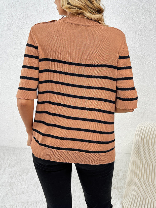 Striped Round Neck Half Sleeve Knit Top Trendsi